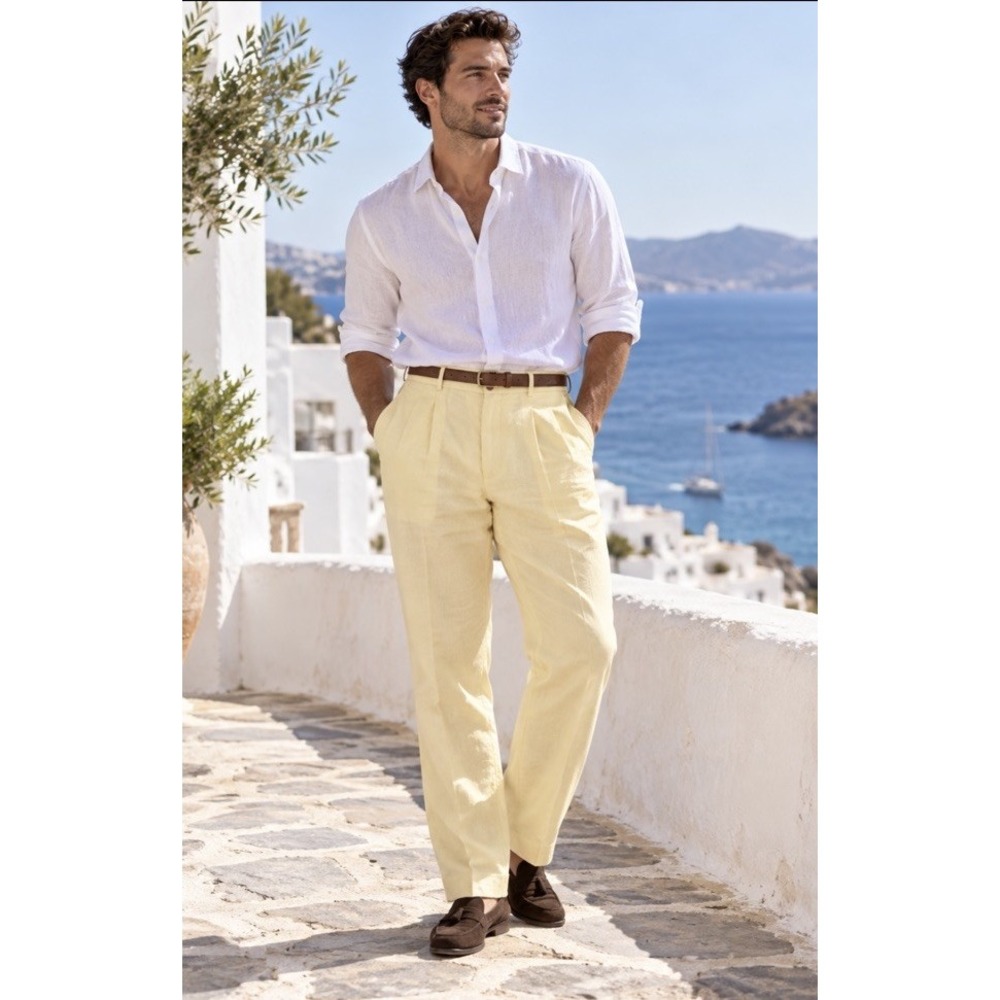 Bohio by JMP Men's Yellow 100% Linen Pleated Trousers Dress Pants Size 34 MINT